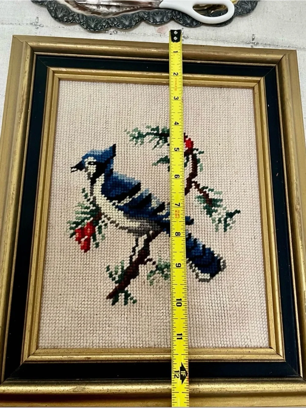Handmade Blue Jay Cross Stitch Wall Art - Black and gold frame